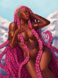 Rule 34 | 1girl, absurdres, adjusting hair, alternate skin color, aphrodite (hades), areola slip, blue sky, braid, breasts, chandeloor, closed mouth, cloud, cloudy sky, commentary, completely nude, dark-skinned female, dark skin, english commentary, fingernails, gold armlet, groin, hades (series), hades 1, hair censor, hair ornament, hand up, head tilt, highres, jewelry, large breasts, laurel crown, long hair, looking at viewer, multiple braids, multiple rings, navel, nude, outdoors, pink eyes, pink nails, red lips, ring, sky, solo, very long hair