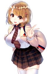 Rule 34 | 10s, 1girl, alternate breast size, breasts, brown eyes, brown hair, female focus, hair ornament, hairclip, highres, huge breasts, jun project, looking at viewer, narusawa ryouka, necktie, occultic;nine, open mouth, plaid, plaid skirt, raised eyebrows, school uniform, shirt tucked in, short hair, simple background, skirt, smile, solo, thighhighs, v, white background, white thighhighs