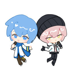 Rule 34 | 2boys, 66 (roro), :o, beanie, black gloves, black headwear, black pants, blue eyes, blue hair, blue scarf, chibi, chinese commentary, eyebrows hidden by hair, full body, gloves, hat, highres, holding, holding microphone, indai (3330425), jacket, kaito (vocaloid), light blush, looking at viewer, male focus, microphone, multiple boys, music, open mouth, pants, pink hair, scarf, short hair, simple background, singing, smile, standing, standing on one leg, vocaloid, vy2, white background, white jacket, yellow eyes