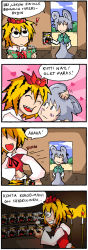 Rule 34 | !, 2girls, 4koma, :d, @ @, ^ ^, animal ears, blush, candle, closed eyes, comic, crazy eyes, dvd, fang, finnish text, grey hair, heart, heavy breathing, mouse ears, multicolored hair, multiple girls, nazrin, open mouth, setz, smile, tiger, toramaru shou, touhou, translated, two-tone hair