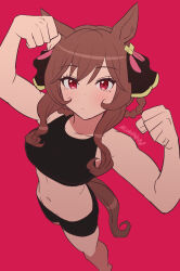 Rule 34 | 1girl, animal ears, artist name, bare arms, bare shoulders, bike shorts, black shorts, black sports bra, braided hair rings, brown hair, clenched hands, closed mouth, commentary request, foreshortening, from above, gentildonna (umamusume), hands up, highres, horse ears, horse girl, horse tail, light blush, looking at viewer, midriff, mukakin, navel, red background, red eyes, shorts, sidelocks, simple background, solo, sports bra, tail, umamusume, wavy hair