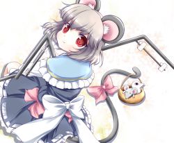 Rule 34 | 1girl, :t, animal ears, bow, capelet, dowsing rod, female focus, grey hair, highres, looking at viewer, mouse (animal), mouse ears, mouse tail, nazrin, odero, pout, red eyes, short hair, solo, tail, touhou