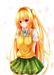 Rule 34 | 1girl, arms behind back, blonde hair, blush, bow, bowtie, commentary request, green skirt, hair bobbles, hair ornament, konjiki no yami, long hair, one side up, pleated skirt, red eyes, school uniform, short sleeves, skirt, solo, to love-ru, to love-ru darkness, very long hair, vest, yanagi no ki, yellow vest
