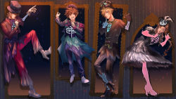 Rule 34 | 1girl, 3boys, absurdres, aerith gainsborough, black dress, black footwear, black jacket, blonde hair, blue eyes, boots, bow, bowtie, braid, braided ponytail, brown hair, cloud strife, dress, dress shoes, earrings, feather hair ornament, feathers, final fantasy, final fantasy vii, final fantasy viii, finger to own chin, framed, full body, fur trim, ghost, gloves, green bow, green bowtie, green eyes, grin, hair between eyes, hair ornament, halloween, hat, high heels, highres, jacket, jewelry, kingdom hearts, leaning forward, leg up, long hair, looking at viewer, medium hair, multiple boys, neckerchief, one eye closed, open mouth, pants, parted bangs, pinstripe pants, pinstripe pattern, pointing, purple neckerchief, red pants, ringed eyes, shio ga, short hair, sidelocks, silk, single earring, skeletal arm, skeleton, skull hair ornament, smile, sora (kingdom hearts), spider web, spiked hair, squall leonhart, striped clothes, striped headwear, suit jacket, teeth, top hat, torn clothes, torn jacket, torn pants, wavy hair, white footwear, white gloves