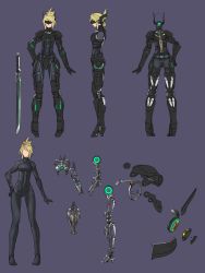 Rule 34 | bad id, bad pixiv id, blonde hair, bodysuit, covered eyes, full body, hand on own hip, highres, hikichi sakuya, multiple views, original, power suit, purple background, science fiction, simple background, standing, sword, weapon