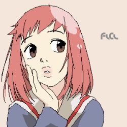 Rule 34 | 1girl, aliasing, copyright name, face, flcl, lips, lowres, om (nk2007), open mouth, samejima mamimi, simple background, solo