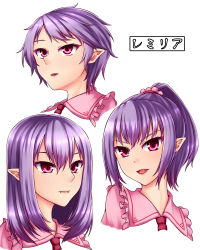 Rule 34 | 1girl, alternate hairstyle, bad id, bad pixiv id, blouse, character name, eyebrows, fangs, fangs out, hair down, hair ornament, hair scrunchie, highres, light smile, lips, looking at viewer, looking to the side, looking up, multiple views, parted lips, pink shirt, pointy ears, ponytail, portrait, purple hair, red eyes, remilia scarlet, scrunchie, shirt, short hair, simple background, touhou, vampire, white background, zellam