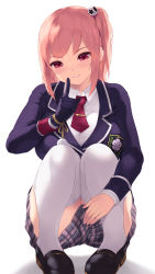 Rule 34 | 1girl, badge, black footwear, blazer, blush, breasts, cait aron, covering crotch, covering privates, dead or alive, finger to mouth, full body, gloves, grin, hair ornament, head tilt, highres, honoka (doa), jacket, large breasts, long hair, long sleeves, looking at viewer, mary janes, necktie, one side up, pink hair, plaid, plaid skirt, school uniform, shoes, shushing, skirt, skirt hold, skull hair ornament, smile, solo, squatting, thighhighs, white thighhighs, zettai ryouiki