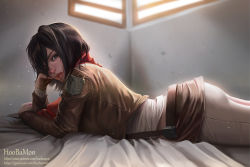 Rule 34 | 1girl, arm support, artist name, ass, bed sheet, belt, black eyes, black hair, blouse, breasts, brown jacket, day, eyelashes, grey eyes, gumroad username, hair over one eye, hand on own cheek, hand on own face, hand on own head, head rest, hoo bamon, indoors, jacket, lipstick, long sleeves, looking at viewer, looking to the side, lying, makeup, mascara, medium breasts, mikasa ackerman, military, military uniform, mole, mole under mouth, nose, on bed, on stomach, pants, parted lips, patreon username, pink lips, realistic, red scarf, scarf, shingeki no kyojin, shirt, short hair, solo, survey corps, undershirt, uniform, watermark, web address, white shirt