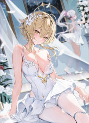 Rule 34 | 2girls, absurdres, ahoge, athletic leotard, ayaka (genshin impact), ballet, ballet slippers, blonde hair, blurry, blurry background, breasts, closed mouth, collarbone, curtains, dress, falling feathers, feathers, floating hair, flower, genshin impact, hair flower, hair ornament, highres, houkisei, indoors, leotard, lumine (genshin impact), medium breasts, multiple girls, paid reward available, pantyhose, ponytail, rose, short dress, sidelocks, sitting, smile, solo focus, spaghetti strap, strap slip, tutu, white dress, white flower, white hair, white pantyhose, white rose, yellow eyes