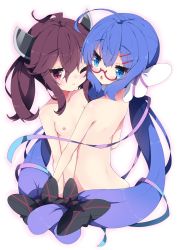 Rule 34 | 2girls, ahoge, black bow, blue eyes, blue hair, blush, bow, breasts, brown eyes, brown hair, closed mouth, collarbone, commentary request, fang, glasses, gradient hair, hair between eyes, hair bow, hair ornament, hairclip, headgear, highres, long hair, milkpanda, multicolored hair, multiple girls, nipples, nude, one eye closed, otomachi una, outline, parted lips, pink outline, purple hair, red-framed eyewear, semi-rimless eyewear, small breasts, talkex, touhoku kiritan, twintails, under-rim eyewear, very long hair, voiceroid, white background