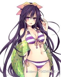 Rule 34 | 1girl, :d, arm behind back, bikini, bow, breasts, cleavage, collarbone, cowboy shot, date a live, floating hair, front-tie bikini top, front-tie top, hair between eyes, hair bow, hand in own hair, hibiki mio, innertube, long hair, medium breasts, navel, open mouth, ponytail, purple eyes, purple hair, side-tie bikini bottom, sideboob, simple background, smile, solo, standing, striped bikini, striped clothes, swim ring, swimsuit, transparent, very long hair, white background, yatogami tooka