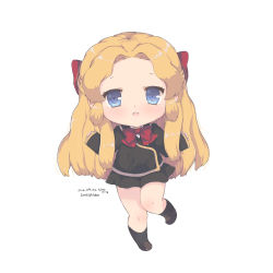 Rule 34 | 1girl, absurdres, artist name, bad id, bad pixiv id, black shirt, black skirt, black socks, blonde hair, blue eyes, blush, bow, bowtie, brown footwear, chibi, commentary request, copyright request, dated, foreign blue, full body, hair bow, highres, kneehighs, korean text, loafers, long hair, long sleeves, looking at viewer, parted bangs, parted lips, pleated skirt, red bow, red bowtie, shirt, shoes, simple background, skirt, sleeves past wrists, socks, solo, standing, standing on one leg, teeth, translation request, upper teeth only, very long hair, white background