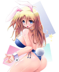 Rule 34 | 1girl, animal ears, ass, bare legs, blonde hair, blue eyes, blush, breasts, fake animal ears, huge breasts, large breasts, leotard, playboy bunny, rabbit ears, rabbit tail, scatter milk, sideboob, solo, tail, thong leotard, wrist cuffs