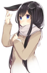 Rule 34 | 1girl, animal ears, ao no neko, black hair, blue eyes, blush, buttons, chestnut mouth, coat, ears down, enpera, hand on own ear, long hair, long sleeves, original, pom pom (clothes), rabbit ears, scarf, simple background, solo, straight hair, sweatdrop, touching ears, upper body, white background