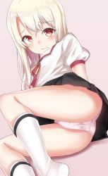 Rule 34 | 1girl, ass, black skirt, blouse, blush, blush stickers, closed mouth, commentary, crotch seam, fate/kaleid liner prisma illya, fate (series), frown, homurahara academy school uniform, illyasviel von einzbern, legs, looking at viewer, looking back, lying, miniskirt, neck ribbon, nenosame, on side, panties, pink background, pink panties, pleated skirt, puffy short sleeves, puffy sleeves, red eyes, red ribbon, ribbon, school uniform, shirt, short sleeves, single horizontal stripe, skirt, socks, solo, underwear, white hair, white shirt, white socks