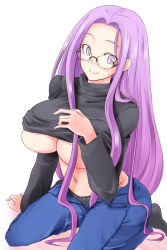 Rule 34 | 1girl, black panties, breasts, fate/hollow ataraxia, fate/stay night, fate (series), glasses, highres, huge breasts, large breasts, long hair, low-tied long hair, medusa (fate), medusa (rider) (fate), no bra, official alternate costume, panties, pink eyes, purple eyes, purple hair, sitting, solo, square pupils, underboob, underwear, undressing, very long hair, zanku