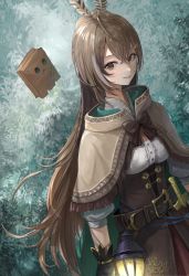 Rule 34 | 1girl, absurdres, belt, brown capelet, brown cloak, brown corset, brown eyes, brown hair, cape, capelet, chan1moon, cloak, corset, dagger, feather hair ornament, feathers, forest, friend (nanashi mumei), gloves, hair ornament, hieroglyphics, highres, hololive, hololive english, knife, lantern, leaf, long hair, looking at viewer, multicolored hair, nanashi mumei, nature, ponytail, red skirt, ribbon, shirt, skirt, smile, streaked hair, tree, very long hair, virtual youtuber, weapon, white shirt