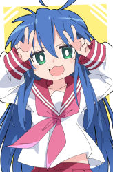 Rule 34 | 1girl, :3, ahoge, arms up, blue hair, blush, border, bright pupils, collarbone, double v, green eyes, hair between eyes, ixy, izumi konata, jitome, long hair, long sleeves, looking at viewer, lucky star, midriff peek, neckerchief, open mouth, outside border, pleated skirt, red neckerchief, red sailor collar, red skirt, ryouou school uniform, sailor collar, school uniform, serafuku, shirt, sidelocks, simple background, skirt, smile, solo, straight-on, straight hair, upper body, v, v-shaped eyebrows, very long hair, white border, white pupils, white shirt, yellow background