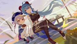 Rule 34 | 2girls, ahoge, bare shoulders, bell, black footwear, blue hair, bodystocking, breasts, brown gloves, brown legwear, coconut, cowbell, day, detached sleeves, drinking straw, dutch angle, floating hair, ganyu (genshin impact), genshin impact, gloves, goat horns, hat, high heels, highres, holding, horns, index finger raised, jiangshi, large breasts, long hair, long sleeves, multiple girls, ocarino, ofuda, open mouth, outdoors, pantyhose, pink eyes, ponytail, qingdai guanmao, qiqi (genshin impact), shoes, silver hair, sitting, smile, sunlight, thighhighs, very long hair, white footwear, white legwear, wind