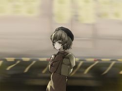 Rule 34 | 1girl, backpack, bag, beret, black hat, blurry, blurry background, brown coat, brown eyes, brown hair, closed mouth, coat, commentary request, day, depth of field, hat, hatoba tsugu, holding, long sleeves, looking at viewer, looking to the side, outdoors, railroad crossing, randoseru, solo, toshise., train, virtual youtuber