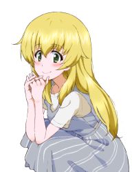 Rule 34 | 1girl, blonde hair, carpaccio (girls und panzer), closed mouth, commentary, dress, girls und panzer, green eyes, grey dress, interlocked fingers, kayabakoro, long hair, looking at viewer, medium dress, own hands together, shirt, short sleeves, simple background, smile, solo, squatting, t-shirt, white background, white shirt