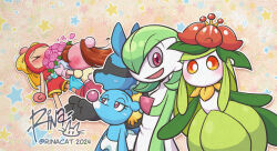 &gt;_&lt; 1boy 4girls arm_at_side arm_up artist_name b-daman_bakugaiden black_fur blue_fur blush bob_cut body_fur bomberman bouquet bow brionne brown_hair character_cutout closed_eyes colored_skin creatures_(company) crossover crown dated embarrassed facing_away flat_chest flower furry furry_male game_freak gardevoir gen_3_pokemon gen_4_pokemon gen_5_pokemon gen_7_pokemon gloves green_hair green_skin hair_bow hair_flower hair_ornament half-closed_eyes happy high_ponytail holding holding_bouquet hood hood_up hooded_shirt jitome leaning_back leaning_forward lilligant long_hair looking_at_viewer lucario mini_crown monster_girl multicolored_fur multicolored_skin multiple_girls nintendo no_mouth nose_blush open_mouth orange_eyes outline outstretched_arm petals pink_bomber pink_flower pink_gloves pink_rose plant_girl pokemon pokemon_(creature) purple_skirt raised_eyebrows red_bomber red_eyes red_flower red_shorts rina_cat rose shirt short_hair shorts sidelocks signature skirt sleeveless sleeveless_shirt smile standing star_(symbol) star_symbol_background sweat twitter_username two-tone_skin watermark white_outline white_skin yellow_bow yellow_crown yellow_fur yellow_shirt yellow_trim yuri