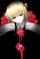 Rule 34 | 1girl, black background, blonde hair, chromatic aberration, cross, flower, hair ribbon, head tilt, highres, long sleeves, looking at viewer, outstretched arms, red eyes, red rose, ribbon, rose, rumia, shirt, short hair, simple background, smile, solo, syoudensatoko, touhou, vest