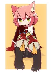 Rule 34 | 1girl, 7th dragon, 7th dragon (series), animal ear fluff, animal ears, bike shorts, black footwear, black jacket, black shorts, blush, boots, cat ears, commentary request, fighter (7th dragon), full body, gloves, green eyes, hair between eyes, hair bobbles, hair ornament, harukara (7th dragon), head tilt, highres, jacket, knee boots, long sleeves, looking at viewer, naga u, one side up, orange background, parted lips, pink hair, red gloves, shadow, short shorts, shorts, sitting, solo, striped clothes, striped thighhighs, thighhighs, two-tone background, white background