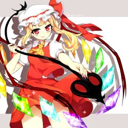 Rule 34 | 1girl, ascot, blonde hair, breasts, closed mouth, collared shirt, cowboy shot, crystal, flandre scarlet, glowing, glowing wings, hat, hat ribbon, head tilt, highres, holding, holding polearm, holding weapon, laevatein (touhou), light smile, looking at viewer, medium hair, mob cap, multicolored wings, nail polish, one side up, pink nails, polearm, puffy short sleeves, puffy sleeves, red eyes, red ribbon, red skirt, red vest, ribbon, shirt, short sleeves, simple background, skirt, skirt set, small breasts, solo, touhou, vest, weapon, white background, white hat, white shirt, wings, yellow ascot, youji (ohudousann)