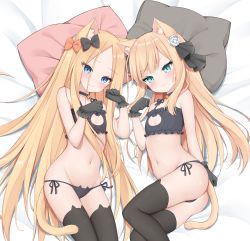 Rule 34 | 2girls, abigail williams (fate), absurdres, animal ears, aqua eyes, ass, bare shoulders, bell, black bow, black bra, black gloves, black legwear, black panties, blonde hair, blue eyes, blush, bow, bra, breasts, cat cutout, cat ear panties, cat ears, cat lingerie, cat tail, choker, cleavage cutout, closed mouth, clothing cutout, collarbone, fate/grand order, fate (series), forehead, frilled bra, frills, gloves, hair bow, highres, jingle bell, kamu (geeenius), long hair, looking at viewer, lord el-melloi ii case files, lying, meme attire, multiple girls, navel, neck bell, on side, orange bow, panties, parted bangs, paw pose, pillow, reines el-melloi archisorte, small breasts, smile, tail, thighhighs, thighs, underwear