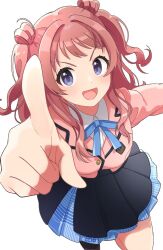Rule 34 | 1girl, arm up, blazer, blue bow, blue bowtie, blue eyes, blue skirt, blush, bow, bowtie, commentary, dot nose, from above, gakuen idolmaster, hanami saki, idolmaster, index finger raised, jacket, long hair, long sleeves, looking at viewer, open mouth, outstretched arm, pink jacket, pointing, pointing at viewer, red hair, shirt, sidelocks, skirt, smile, solo, thighs, twintails, v-shaped eyebrows, watasena, white background, white shirt