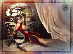 Rule 34 | 1girl, arc system works, bare legs, bare shoulders, barefoot, black hair, blazblue, blazblue: calamity trigger, blazer, breasts, china dress, chinese clothes, cleavage, dress, futuretime, hair ornament, lao jiu, large breasts, litchi faye ling, long hair, long sleeves, looking at viewer, lying, no eyewear, open clothes, open shirt, pink eyes, red dress, shirt, solo, yin yang