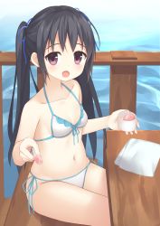 Rule 34 | 1girl, :d, bad id, bad pixiv id, bare arms, bare shoulders, bench, bikini, black hair, blue ribbon, blush, breasts, cleavage, collarbone, day, double scoop, feeding, food, front-tie bikini top, front-tie top, hair ribbon, halterneck, highres, holding, holding spoon, ice cream, ice cream cup, ice cream spoon, incoming food, long hair, looking at viewer, napkin, navel, ocean, open mouth, original, outdoors, pink eyes, pov feeding, railing, ribbon, side-tie bikini bottom, sidelocks, sitting, small breasts, smile, solo, spoon, swimsuit, table, tareme, twintails, usagino suzu, white bikini, wooden table