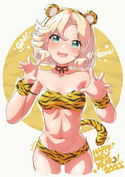Rule 34 | 1girl, 2022, animal ears, animal print, arthur ko, blonde hair, blue eyes, blush, chinese zodiac, collarbone, cowboy shot, cropped legs, happy new year, highres, janus (kancolle), kantai collection, navel, new year, open mouth, short hair, solo, tail, tiger ears, tiger print, tiger tail, year of the tiger