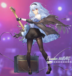 Rule 34 | 1girl, absurdres, amplifier, black footwear, black gloves, black hairband, black pantyhose, black skirt, blue hair, cable, camouflage, character name, closed mouth, collared shirt, commentary, dabuki, electric guitar, fender telecaster, full body, girls&#039; frontline, gloves, guitar, hair between eyes, hairband, highres, holding, holding instrument, instrument, jacket, long hair, long sleeves, looking at viewer, neck ribbon, off shoulder, pantyhose, red eyes, red ribbon, ribbon, shirt, shoes, simple background, skirt, solo, standing, thigh strap, thunder (girls&#039; frontline)