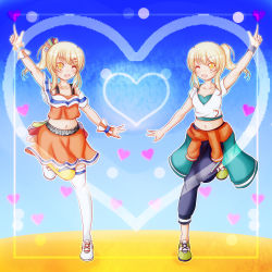 Rule 34 | 1girl, ;), absurdres, aqua shirt, arm up, artist name, artist request, asymmetrical legwear, back bow, bare shoulders, belt, black belt, blonde hair, blue pants, blue stripes, blue wristband, blush, bow, braid, breasts, brown eyes, cheerleader, cleavage, clothes around waist, clothes writing, collarbone, crop top, dual persona, female focus, floating hair, french braid, full body, green footwear, green shirt, hair between eyes, hair ornament, hair ribbon, hair tie, hairclip, hand up, heart, heart (symbol), heart background, heart necklace, heart print, high ponytail, highres, jacket, jacket around waist, jewelry, long hair, looking at viewer, love live!, love live! nijigasaki high school idol club, love live! school idol festival, miniskirt, mismatched legwear, miyashita ai, necklace, off shoulder, one eye closed, orange eyes, orange jacket, orange shirt, orange skirt, pants, parted lips, plaid, plaid skirt, pleated, pleated skirt, pointing, pointing up, pom pom (cheerleading), ponytail, ribbon, saiko heart (love live!), scrunchie, shirt, shoes, short ponytail, short sleeves, side ponytail, single braid, single stripe, skirt, smile, sneakers, solo, standing, standing on one leg, tank top, text focus, undershirt, upper body, v-shaped eyebrows, white footwear, white legwear, white shirt, wrist cuffs, wrist scrunchie, wristband, yellow eyes, yellow legwear
