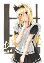 Rule 34 | 1girl, blonde hair, blue eyes, blush, braid, dated, finger to mouth, half up braid, head tilt, highres, kantai collection, ld (luna dial398), long hair, looking at viewer, maid, maid headdress, one-hour drawing challenge, signature, simple background, standing, warspite (kancolle)