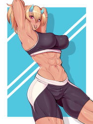 Rule 34 | 1girl, :3, abs, absurdres, armpits, arms behind head, arms up, black shorts, black sports bra, blonde hair, blue background, blue horns, border, breasts, dark-skinned female, dark skin, gluteal fold, hair between eyes, hair tie in mouth, highres, horns, large breasts, long hair, looking at viewer, mouth hold, muscular, muscular female, navel, oni, original, pashapencil, red eyes, shorts, solo, sports bra, stomach, thick thighs, thighs, two-tone shorts, white border, white trim