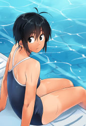 Rule 34 | 1girl, ahoge, arm support, arms at sides, black hair, breasts, hair between eyes, idolmaster, idolmaster (classic), kikuchi makoto, looking at viewer, pool, poolside, school swimsuit, serious, short hair, small breasts, solo, swimsuit, tan, tanline, thighs, torii yoshitsuna, water, wet, wet clothes