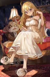 Rule 34 | 1girl, :3, ahoge, animal slippers, bare shoulders, blonde hair, book, book on lap, book stack, bookshelf, bow, bowtie, breasts, city, collarbone, commentary, couch, debidebi debiru, dress, eyewear strap, floor lamp, glass, glasses, grey-framed eyewear, hand in own hair, highres, horns, kirito, lampshade, long hair, looking at viewer, medium breasts, nijisanji, on couch, pillow, purple eyes, red carpet, revision, shawl, sheep horns, shunka tunacan, sitting, sky, slippers, solo, star (sky), starry sky, strapless, strapless dress, stuffed animal, stuffed toy, swept bangs, sword art online, symbol-only commentary, tablet pc, takamiya rion, turning page, very long hair, virtual youtuber, white dress, white shawl