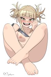 Rule 34 | 1girl, absurdres, artist name, blonde hair, blunt bangs, blush, boku no hero academia, breasts, clenched hand, double bun, fangs, hair bun, highres, holding, holding knife, holding weapon, knife, medium breasts, messy hair, mmmalice, nipples, nude, open mouth, sidelocks, small breasts, solo, toga himiko, weapon, yellow eyes