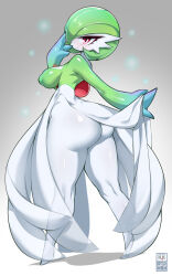 Rule 34 | 1girl, artist name, ass, bayeuxman, blue skin, blush, breasts, closed mouth, colored skin, creatures (company), female focus, from behind, full body, game freak, gardevoir, gen 3 pokemon, gradient background, green hair, green skin, grey background, hair over one eye, hand up, happy, highres, kneepits, legs, lifting own clothes, looking at viewer, looking back, medium breasts, multicolored skin, nintendo, nipples, one eye covered, outstretched arm, pokemon, pokemon (creature), red eyes, shiny skin, simple background, smile, solo, standing, thighs, watermark, white skin, wide hips