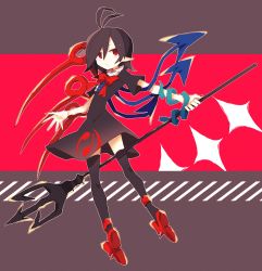 Rule 34 | 1girl, :/, absurdres, antenna hair, asymmetrical wings, bad id, bad twitter id, black dress, black hair, black thighhighs, bow, closed mouth, dress, full body, hair between eyes, hatsushiro mamimu, highres, houjuu nue, pointy ears, polearm, red eyes, red footwear, short dress, short hair, short sleeves, snake, solo, thighhighs, touhou, trident, weapon, wings, zettai ryouiki