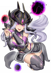 Rule 34 | 1girl, bare shoulders, black thighhighs, breasts, cleavage, detached sleeves, helmet, highres, interlocked fingers, kumiko shiba, league of legends, long hair, looking at viewer, medium breasts, open mouth, purple eyes, silver hair, simple background, skirt, solo, syndra, thighhighs, very long hair