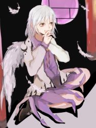 Rule 34 | 1girl, ainas, brown eyes, dress, feathers, full body, kishin sagume, long sleeves, open mouth, short hair, silver hair, single wing, sitting, solo, touhou, vest, wings