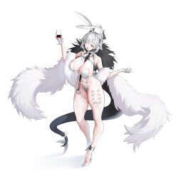 Rule 34 | 1girl, absurdres, alcohol, animal ears, areola slip, bare legs, bare shoulders, bodypaint, breasts, cleavage, clothing cutout, cup, demon horns, dragon tail, drinking glass, fake animal ears, fangs, feather boa, full body, fur, fur collar, glass, gloves, hair between eyes, hair over one eye, high heels, highleg, highres, holding, holding cup, horns, large breasts, leotard, looking at viewer, navel, open mouth, original, piercing, pointy ears, rabbit ears, shoes, short hair, simple background, smile, solo, standing, tail, thighs, tongue, white background, white footwear, white gloves, white leotard, wine glass, yellow eyes