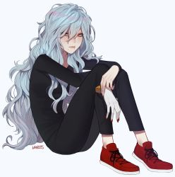 Rule 34 | 1girl, artist name, black pants, black shirt, blue hair, boku no hero academia, closed mouth, collarbone, collarless shirt, curly hair, full body, genderswap, genderswap (mtf), hair between eyes, highres, lavelis, long hair, long sleeves, looking at viewer, mole, mole under mouth, nail polish, pants, red eyes, red footwear, red nails, scar, shigaraki tomura, shirt, shoelaces, shoes, simple background, sitting, sneakers, solo, white background