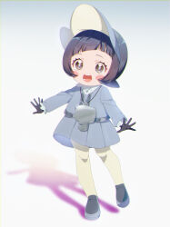 Rule 34 | 1girl, absurdres, black gloves, black hair, blunt bangs, blush stickers, cardigan, commentary request, creatures (company), dress, eyelashes, full body, game freak, gloves, grey cardigan, grey dress, grey eyes, grey hat, happy, hat, highres, long sleeves, nintendo, open mouth, pantyhose, pleated dress, pokemon, pokemon sv, poppy (pokemon), sawaki0612, shoes, solo, spread fingers, teeth, tongue, visor cap, yellow pantyhose