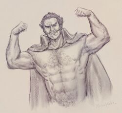 Rule 34 | 1boy, abs, armpit stubble, bara, bare pectorals, biceps, coat, coat on shoulders, cropped torso, dio (final fantasy), double biceps pose, final fantasy, final fantasy vii, final fantasy vii rebirth, final fantasy vii remake, flexing, graphite (medium), greyscale, hairy, large pectorals, long mustache, looking at viewer, male focus, mature male, monochrome, muscular, muscular male, navel, navel hair, nipples, no shirt, old, old man, pectorals, photo (medium), short hair, smile, solo, sparse chest hair, stomach, strongman waist, thick arm hair, thick eyebrows, thick navel hair, traditional media, wrinkled skin, ya su yu ki